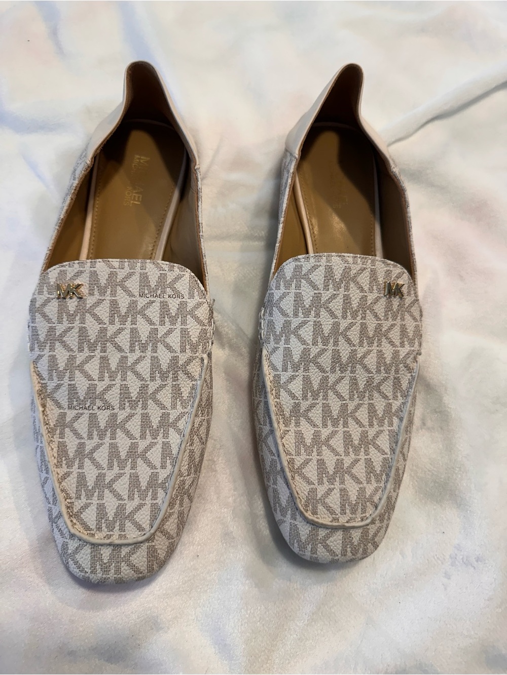 Michael Kors Beige Cream MK Logo Slip-On Loafers - Gold Accent